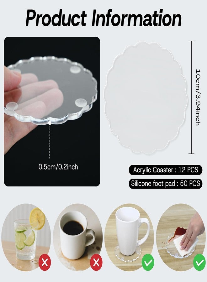 Stuffygreenus 12 Pcs Scalloped Acrylic Coasters for Drinks Clear Coaster with Silicone Anti-Slip Dots Decorative DIY Coaster Table Protector for Home Ktchen Bar Office - Image 2